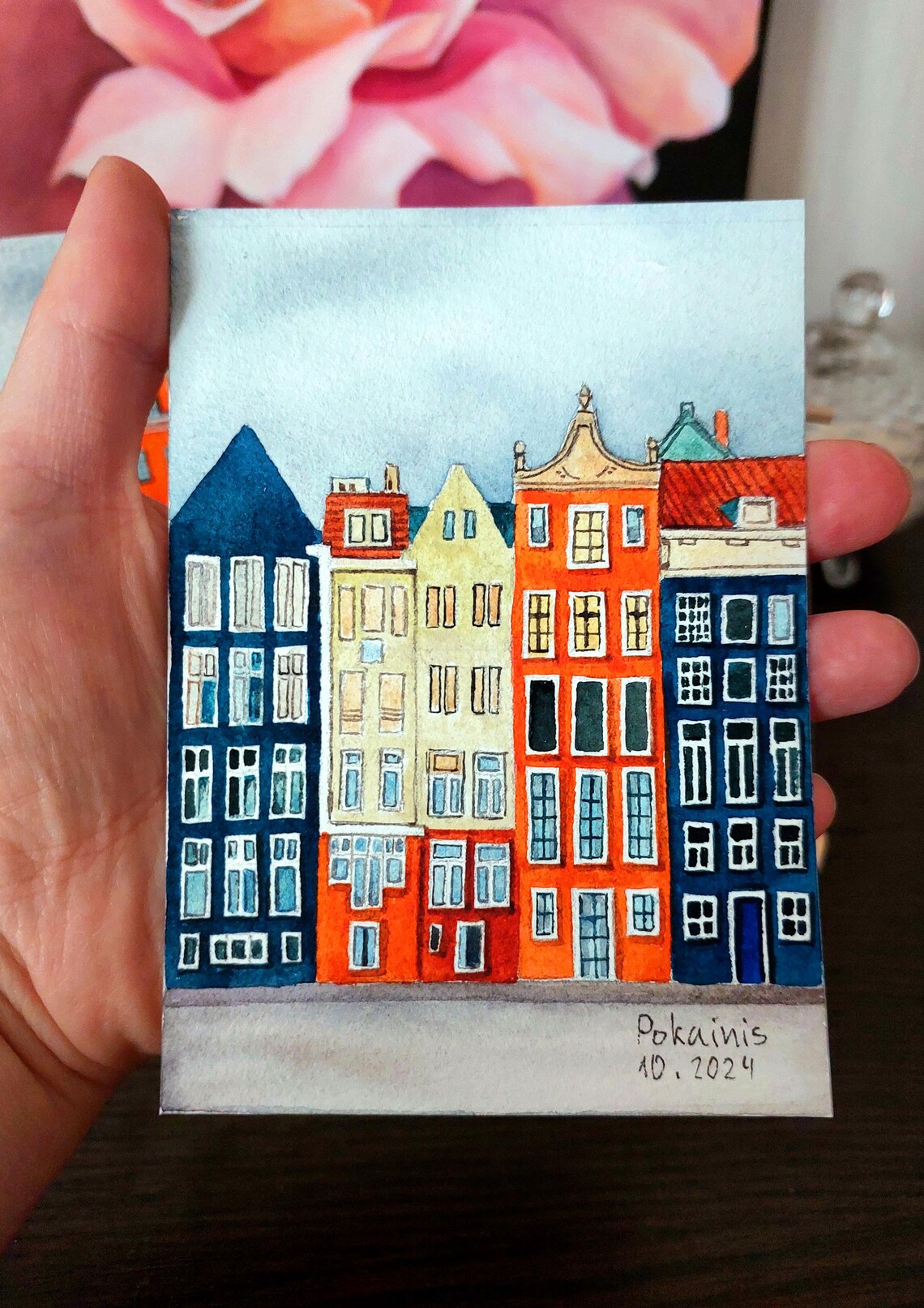 Colorful European Canal House Row Watercolor Miniature Poster