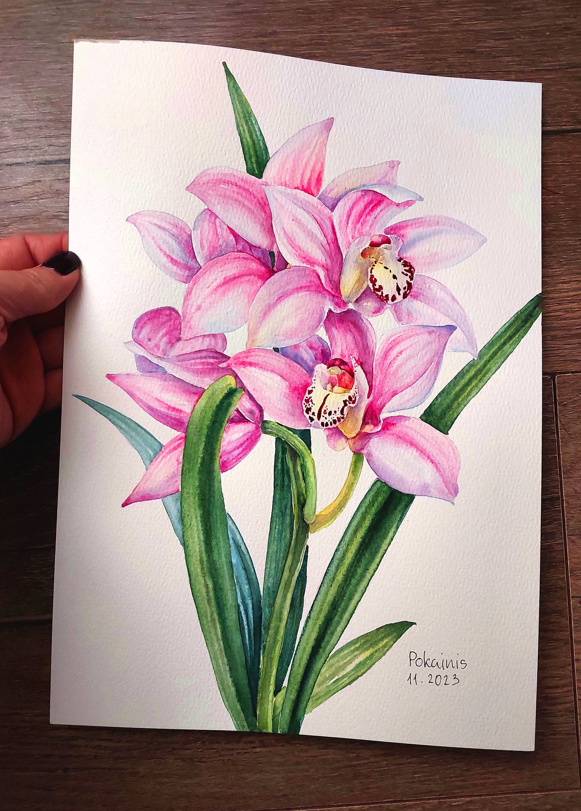 Soft Pink Cymbidium Orchids Slender Leaves Watercolor Poster - Image 2