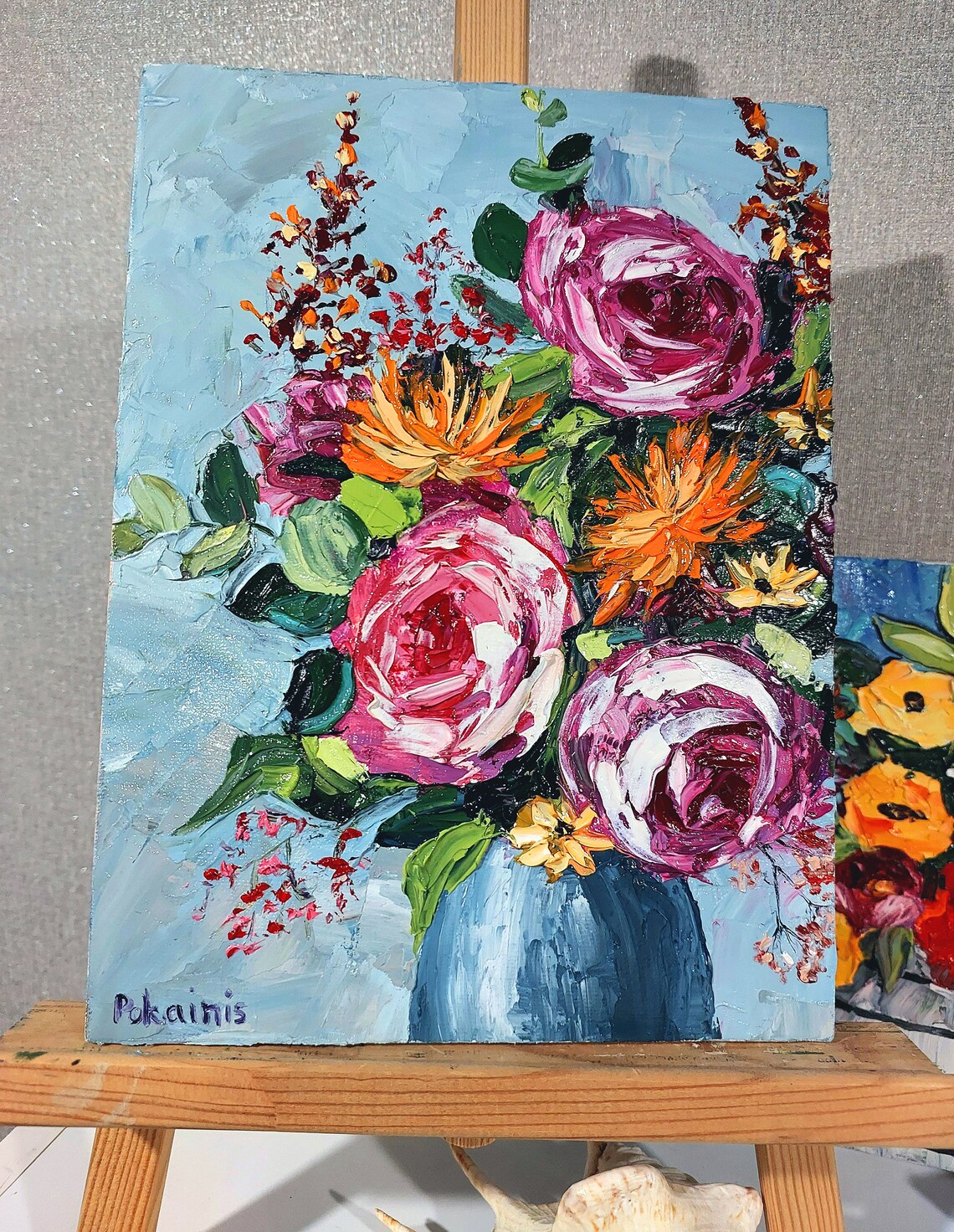 Pink Rose Bouquet Impasto Oil Painting Poster In Light Blue Vase - Image 4