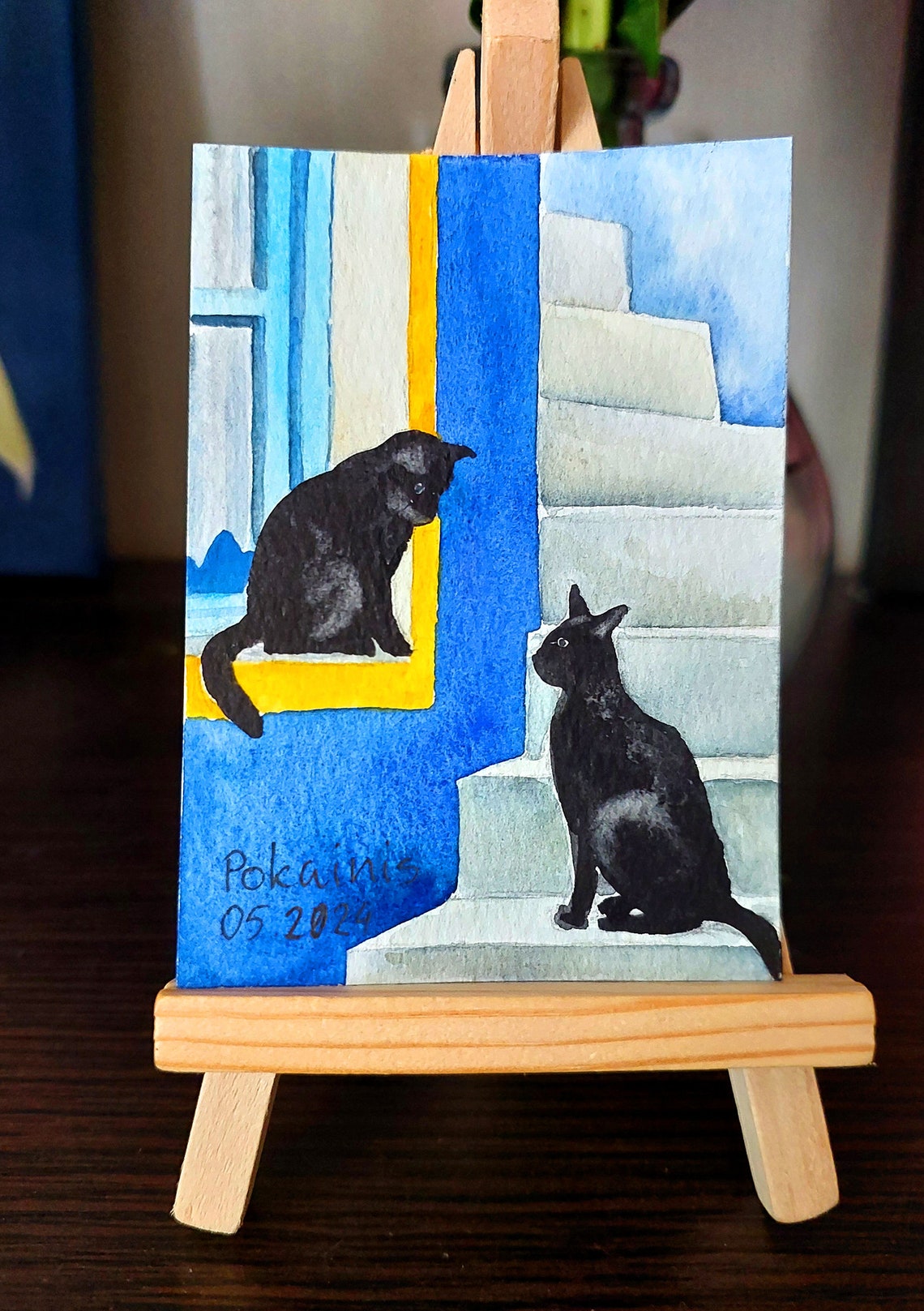 Two Black Cats Watercolor Poster Greek Island Blue And White Steps