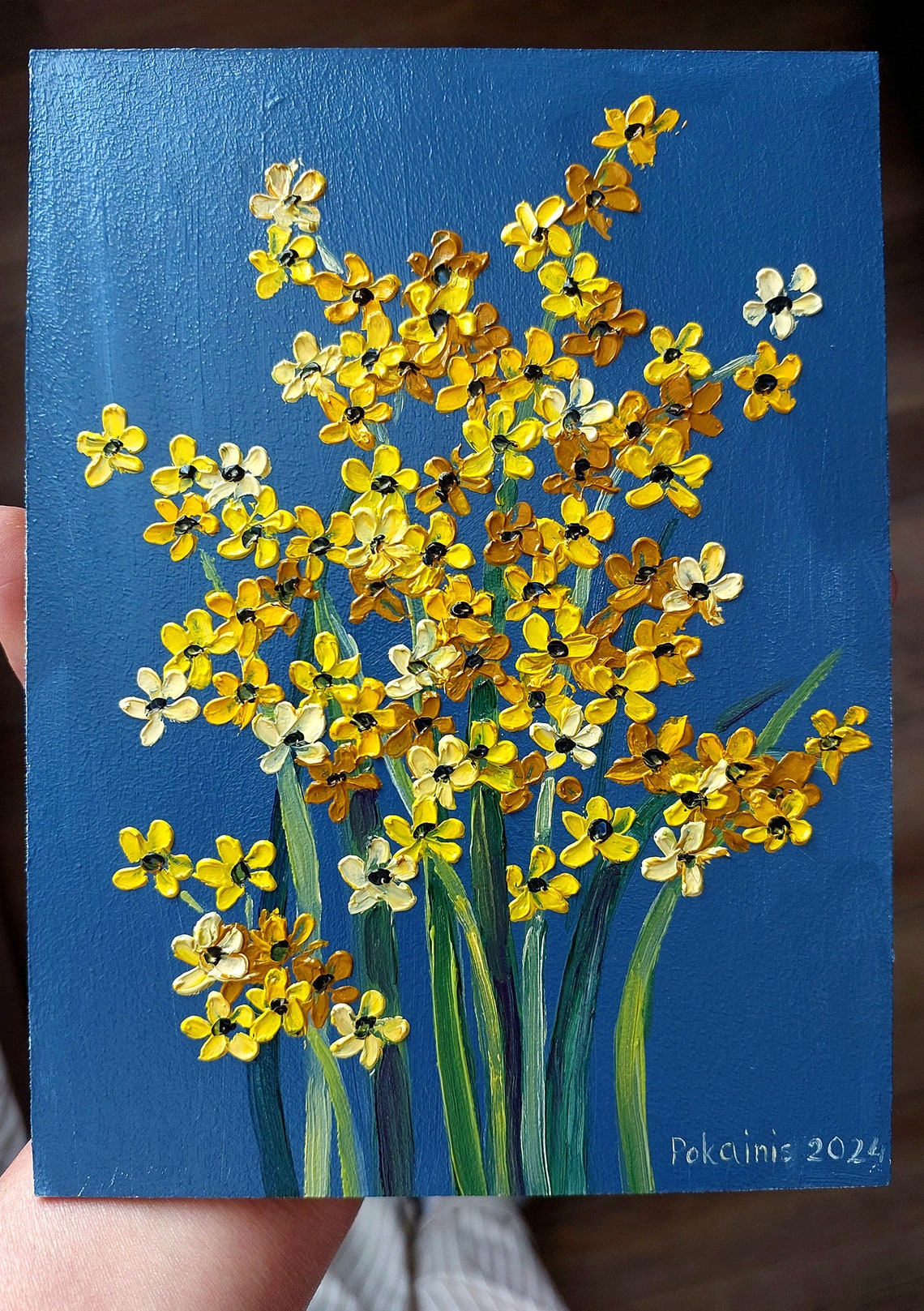 Yellow Wildflowers Impasto Oil Painting Poster On Navy Background - Image 5