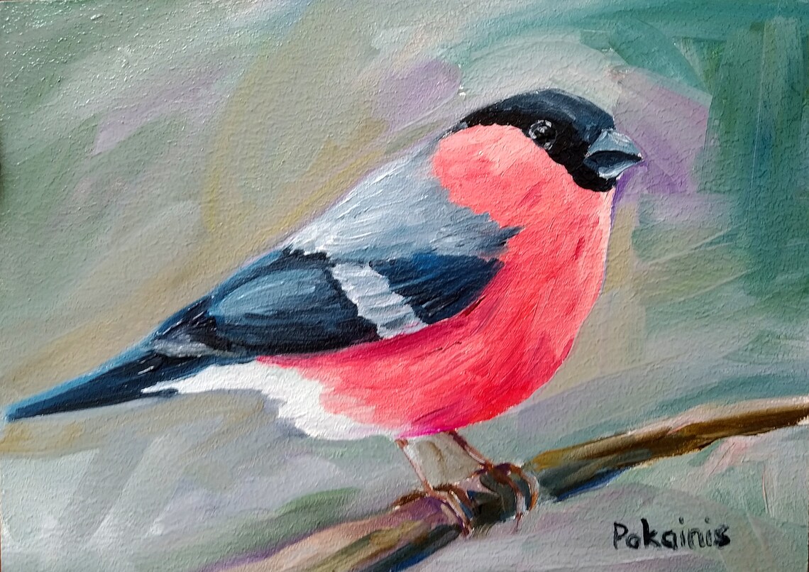 Eurasian Bullfinch on Winter Branch Original Oil Bird Poster