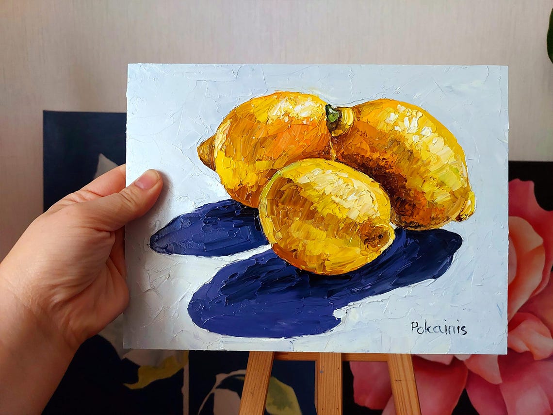 Three Lemons with Blue Shadows Impasto Oil Still Life Poster - Image 2