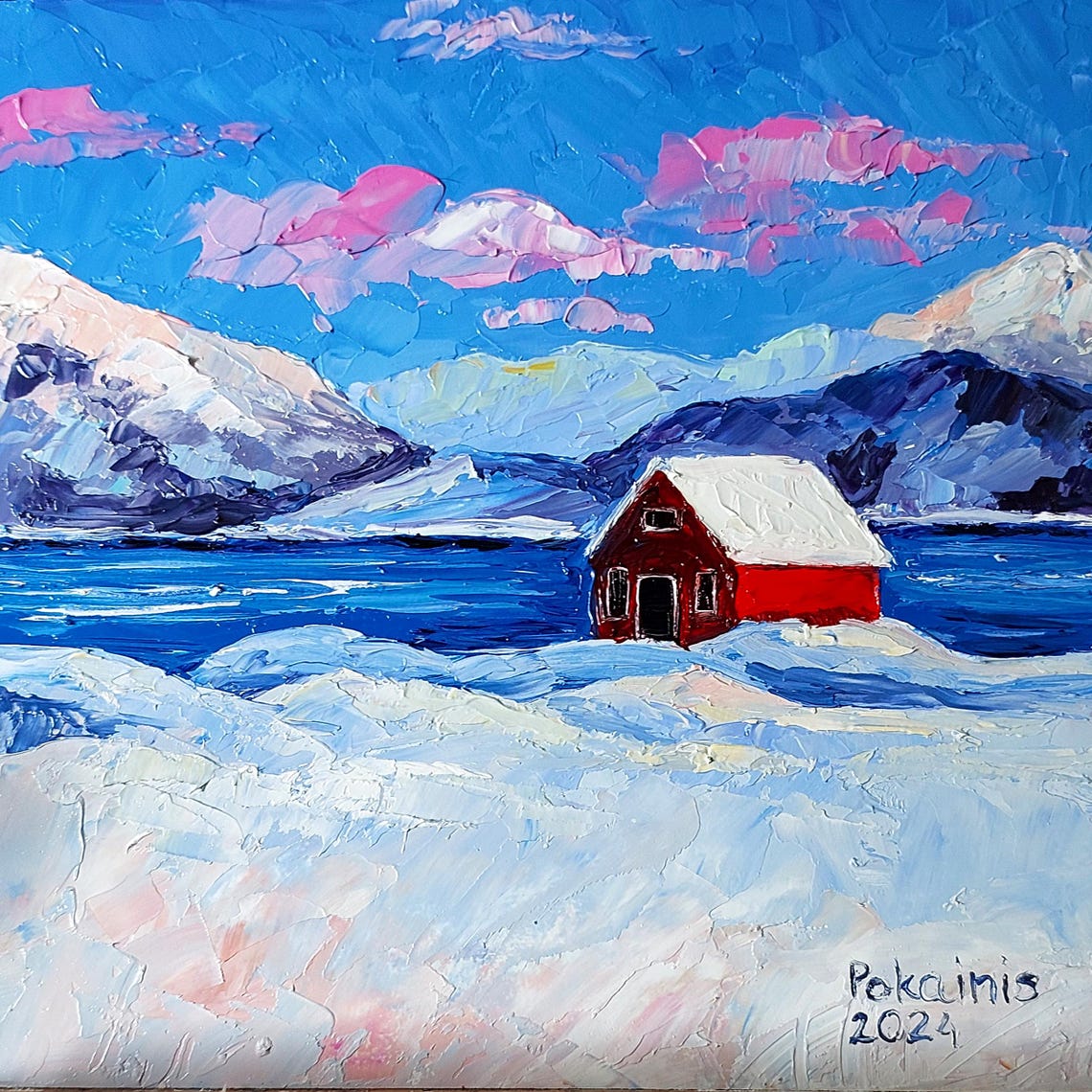 Red Cabin Winter Landscape Impasto Oil Painting Poster In Snow