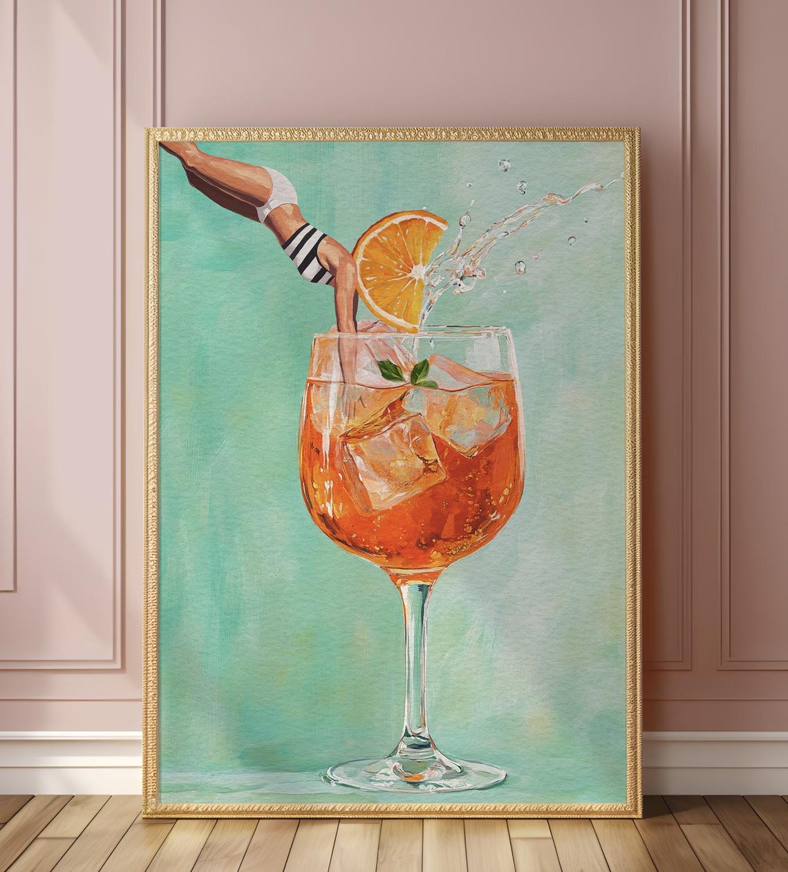 Retro Aperol Spritz Cocktail Diver Illustration Bar Art Print