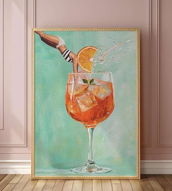 Retro Aperol Spritz Cocktail Diver Illustration Bar Art Print
