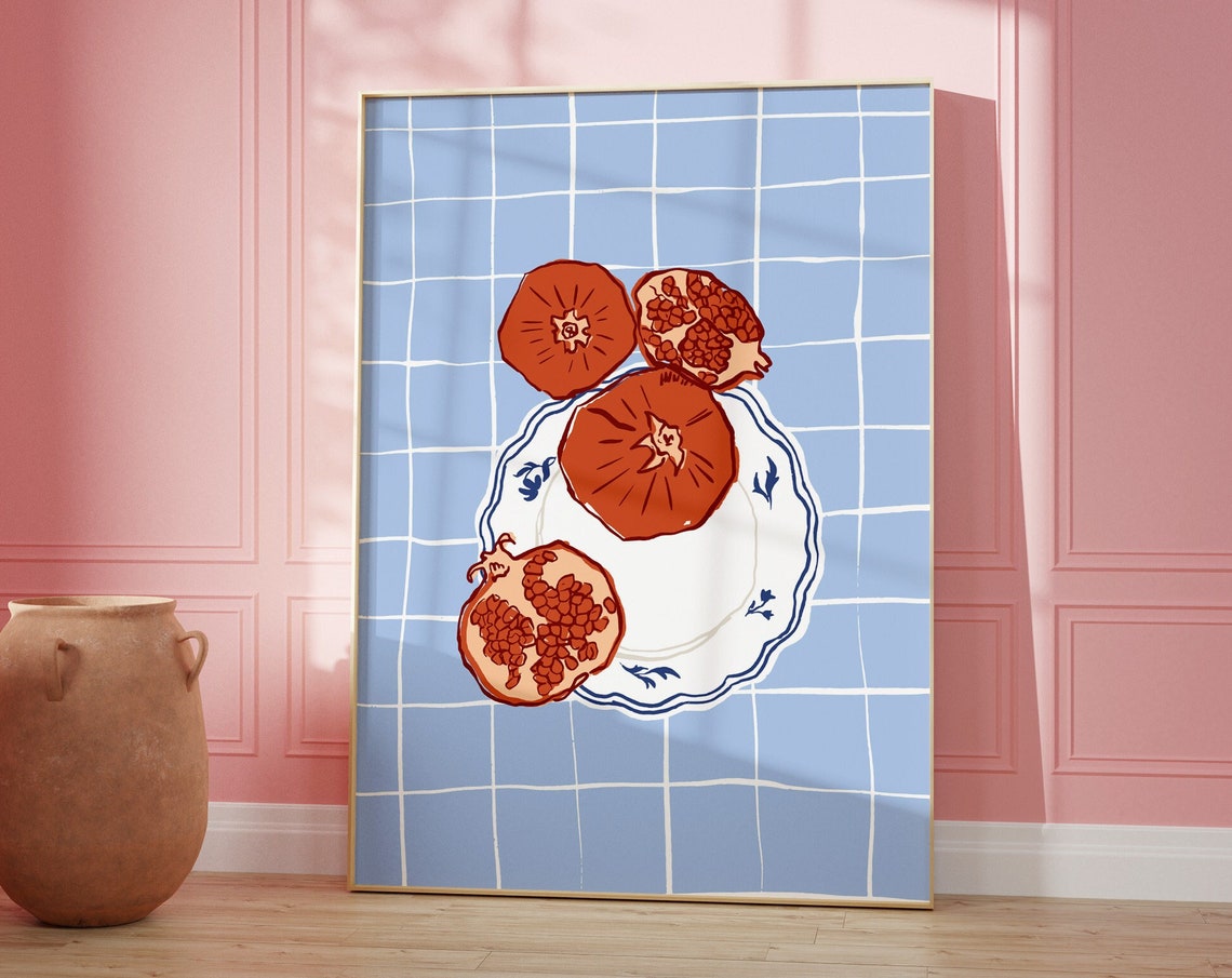 Pomegranate On Checkered Blue Plate Retro Fruit Kitchen Art Poster