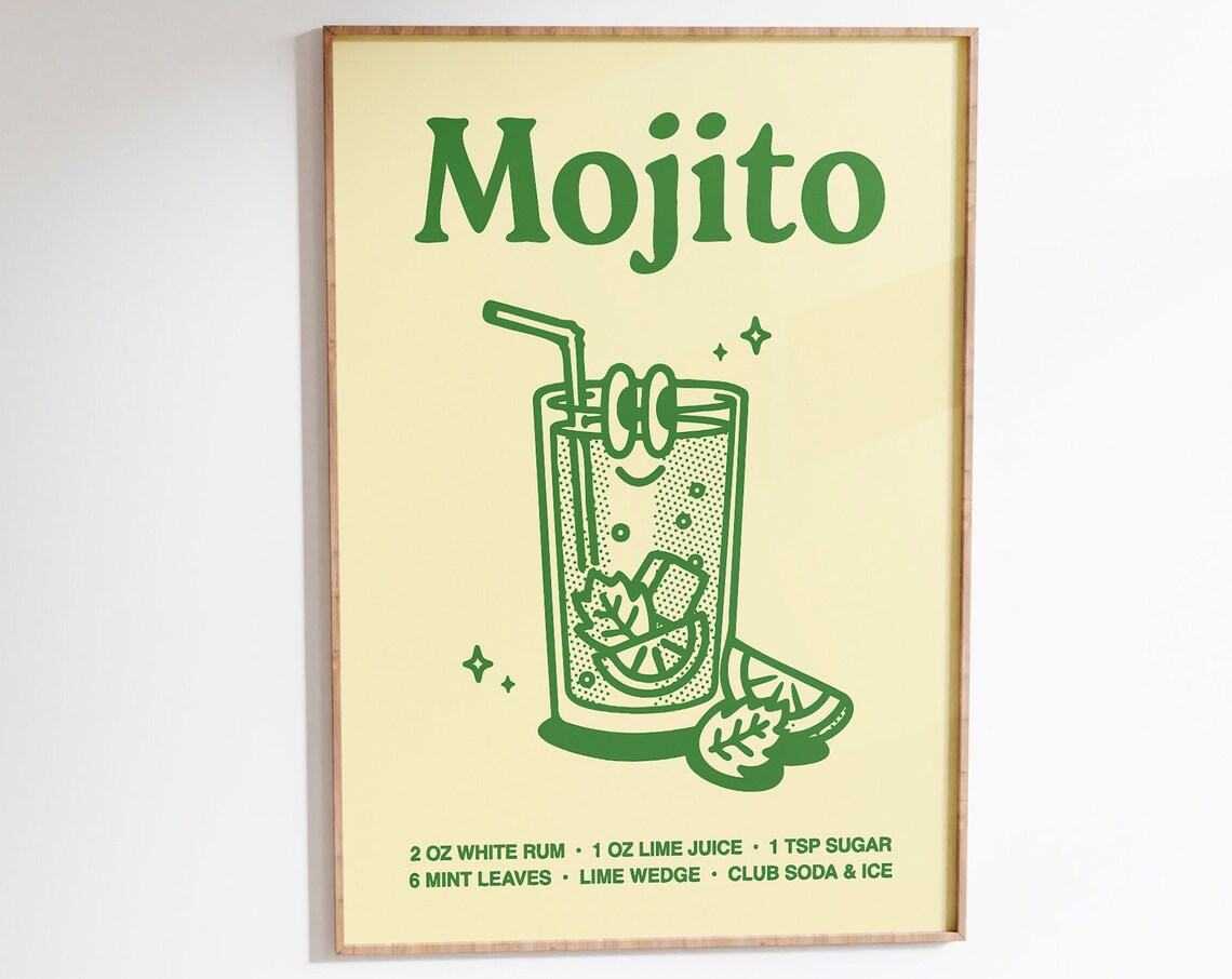 Mojito Cocktail Recipe Retro Green Bar Cart Kitchen Art Poster