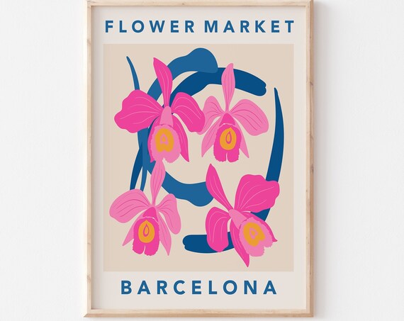Barcelona Flower Market Pink Orchids Navy Blue Botanical Poster