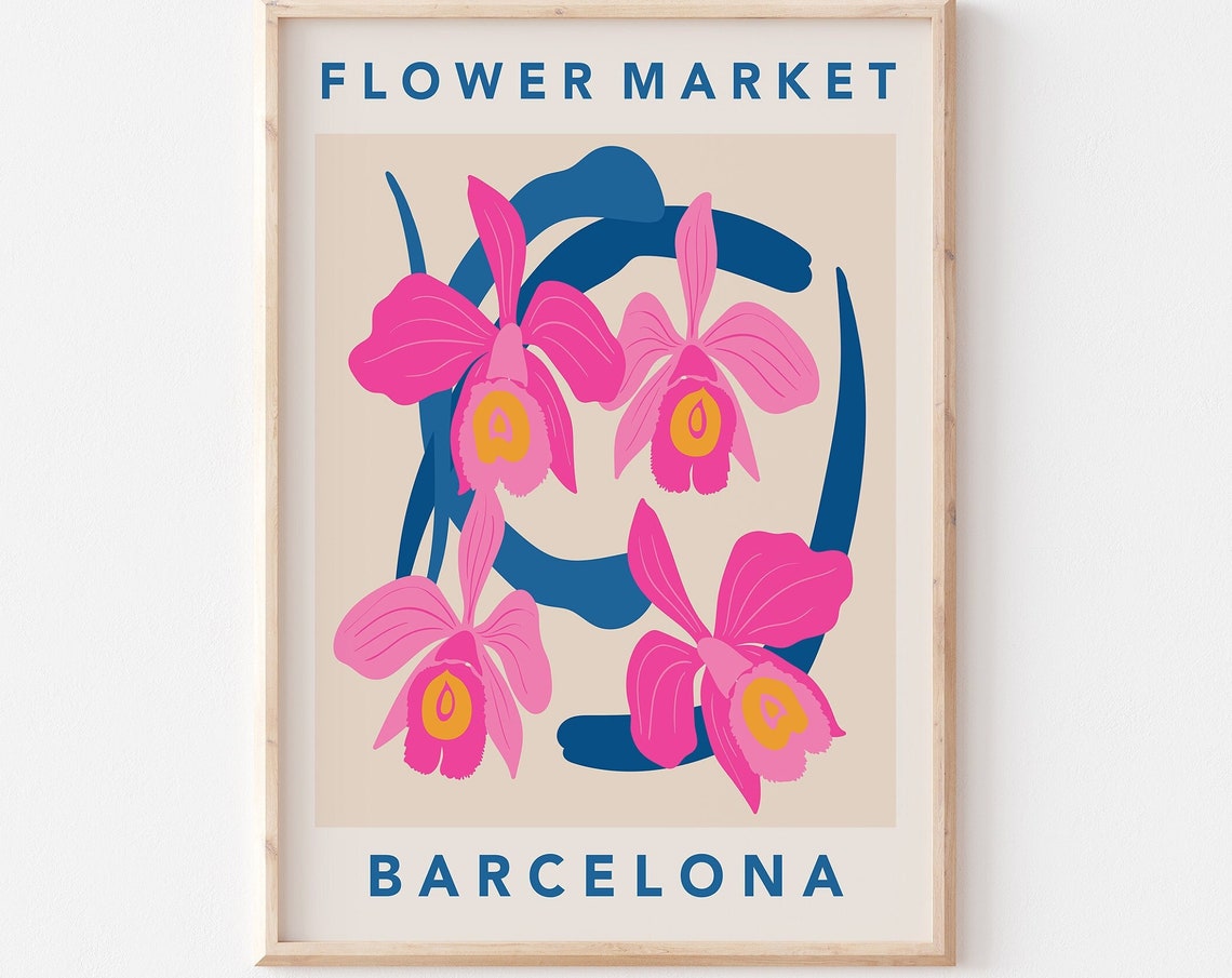 Barcelona Flower Market Pink Orchids Navy Blue Botanical Poster