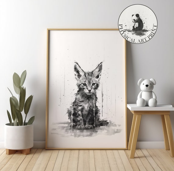 Baby Caracal In The Rain Physical Print Animal Illustration Nursery Wall Decor Infant Nursary Art Ink Drawing