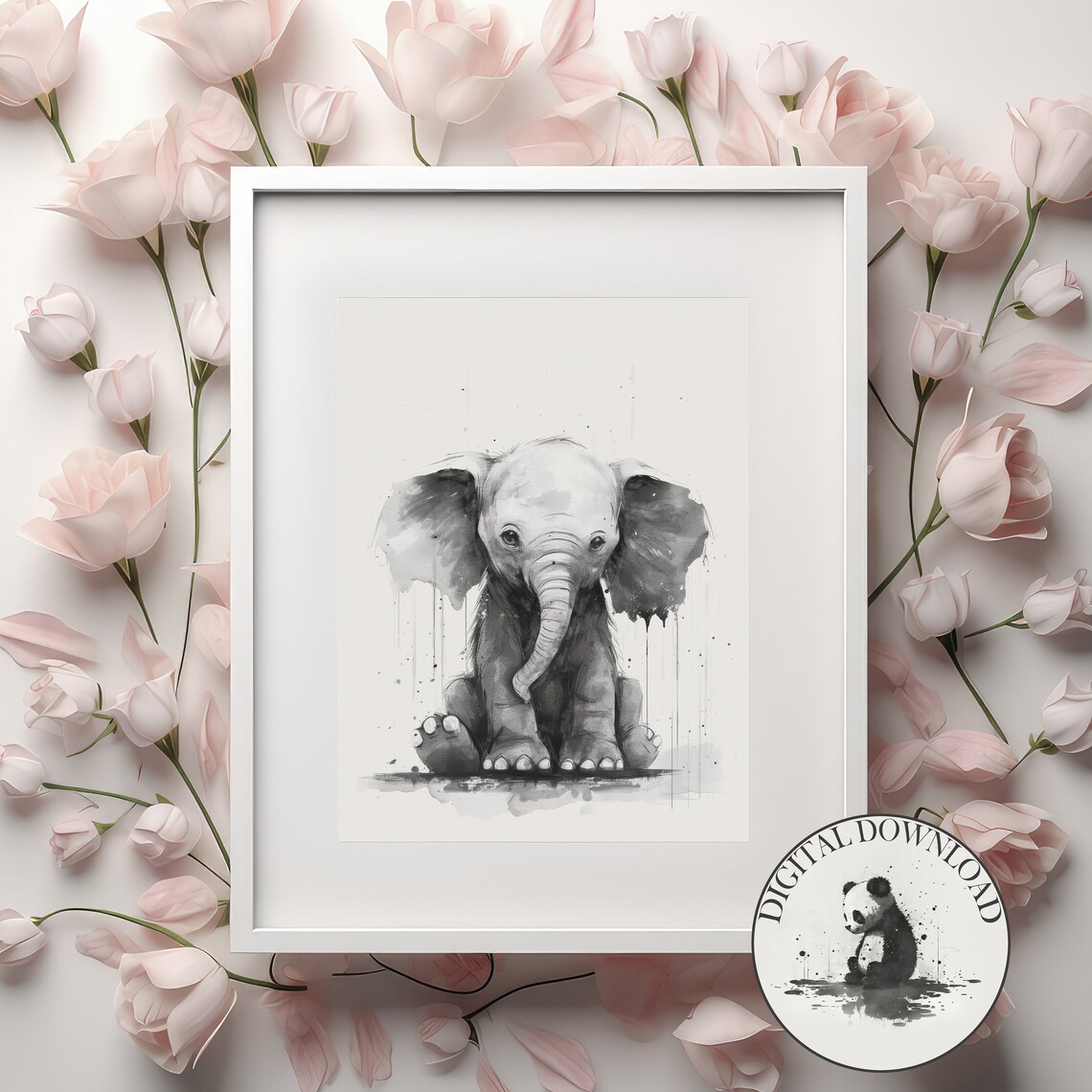 Gentle Baby Elephant In Rain Soft Ink Watercolor Nursery Poster
