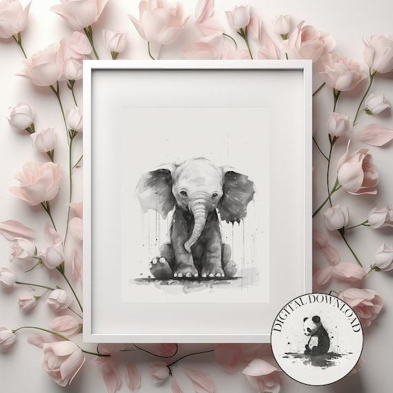 Elephant In The Rain Cute Illustration Infant Nursary Decor Ink Drawing Art