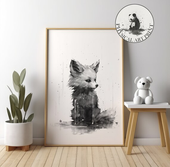 Charming Baby Fox In Rain Black Ink Illustration Nursery Poster