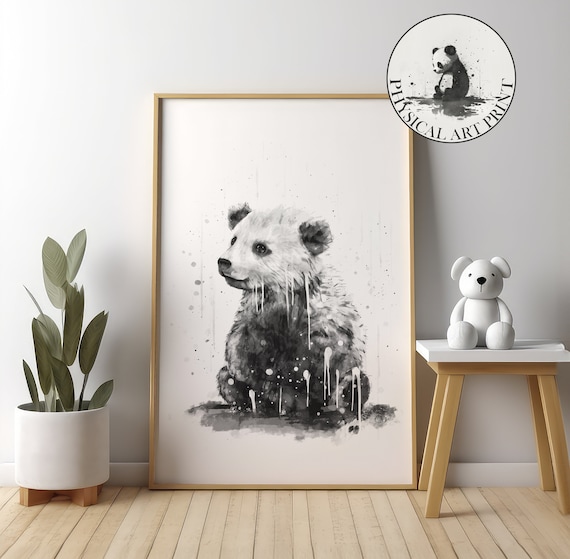 Polar Bear Cub in the Rain Black Watercolor Ink Nursery Poster