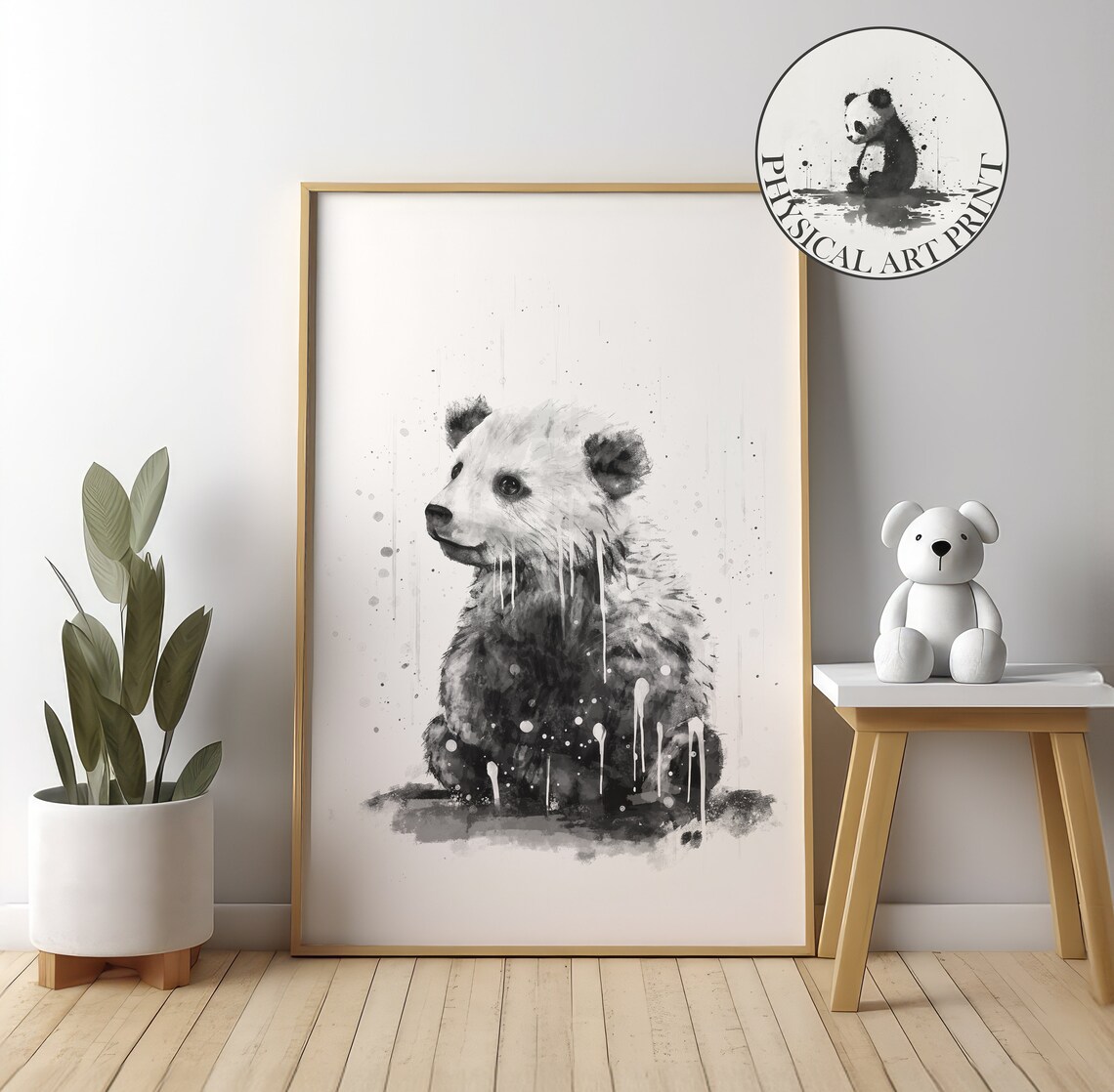 Polar Bear Cub in the Rain Black Watercolor Ink Nursery Poster
