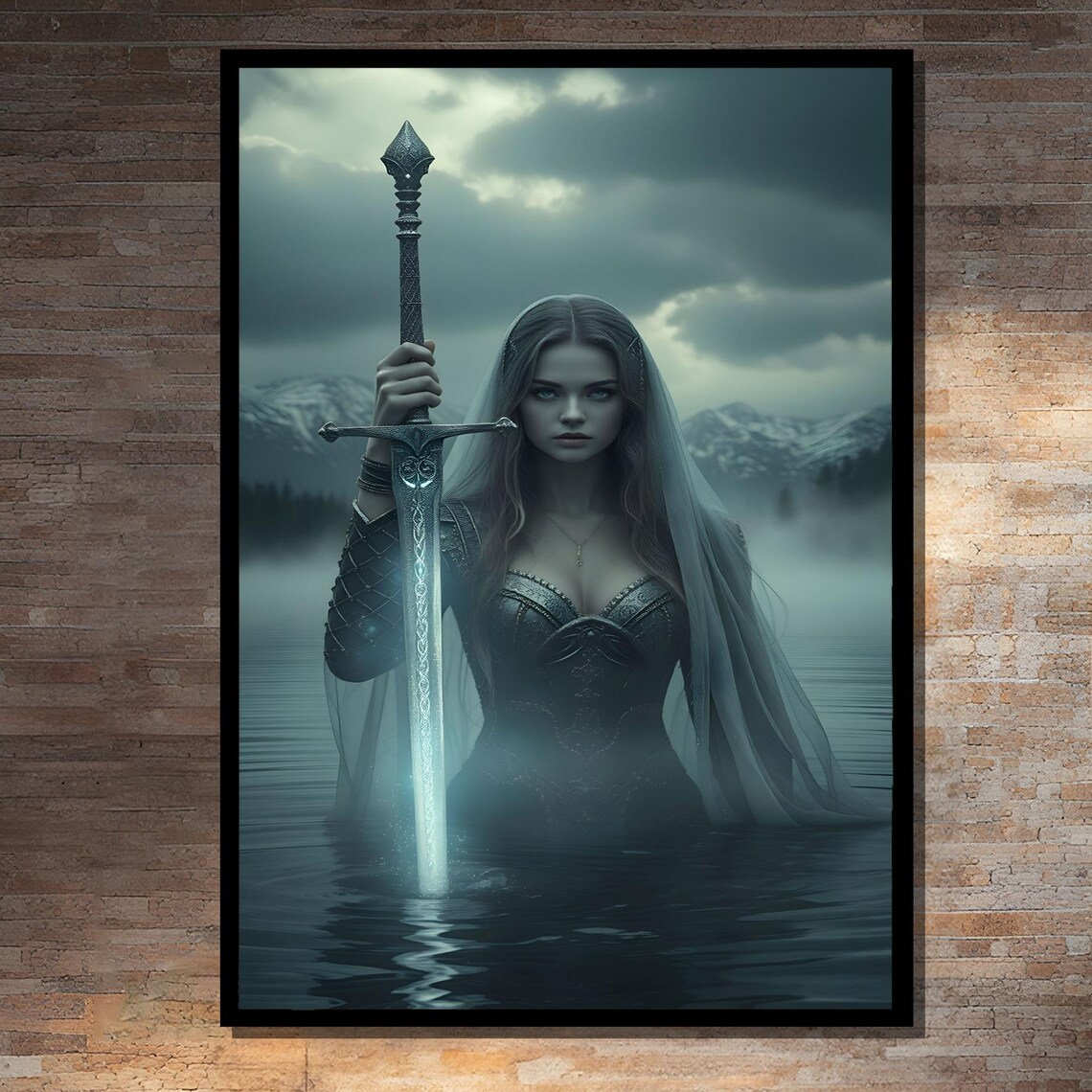 Mythic Lady With Sword in Mist Art Print