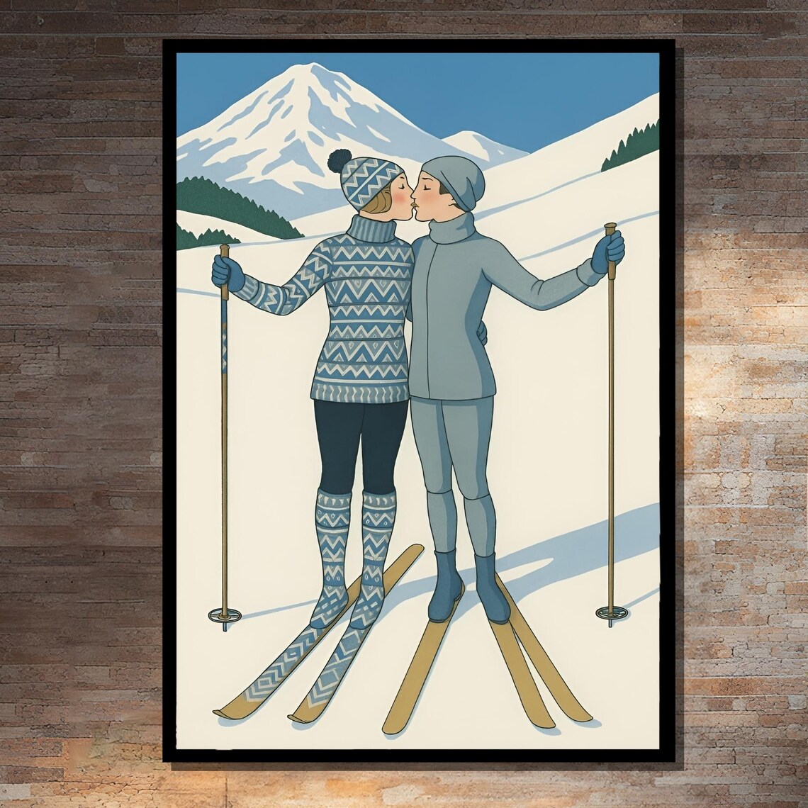 Romantic Ski Couple Painting, Winter Love Decor