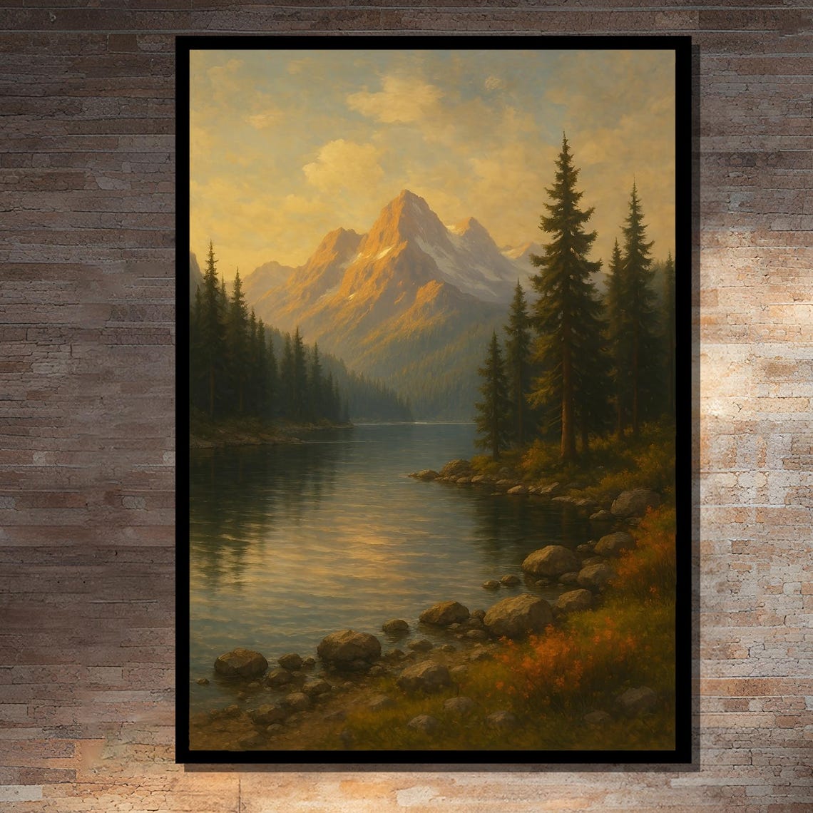 Majestic Mountain And Lake Landscape Painting Framed Black White Gold Silver Gallery Wrapped Or Rolled Art Print