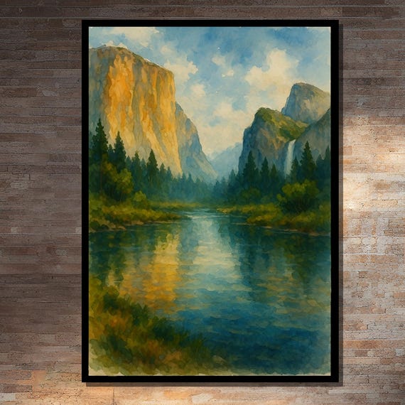Majestic Mountain River Landscape Painting Framed Black White Gold Silver Gallery Wrapped Or Rolled Art Print Serene Decor