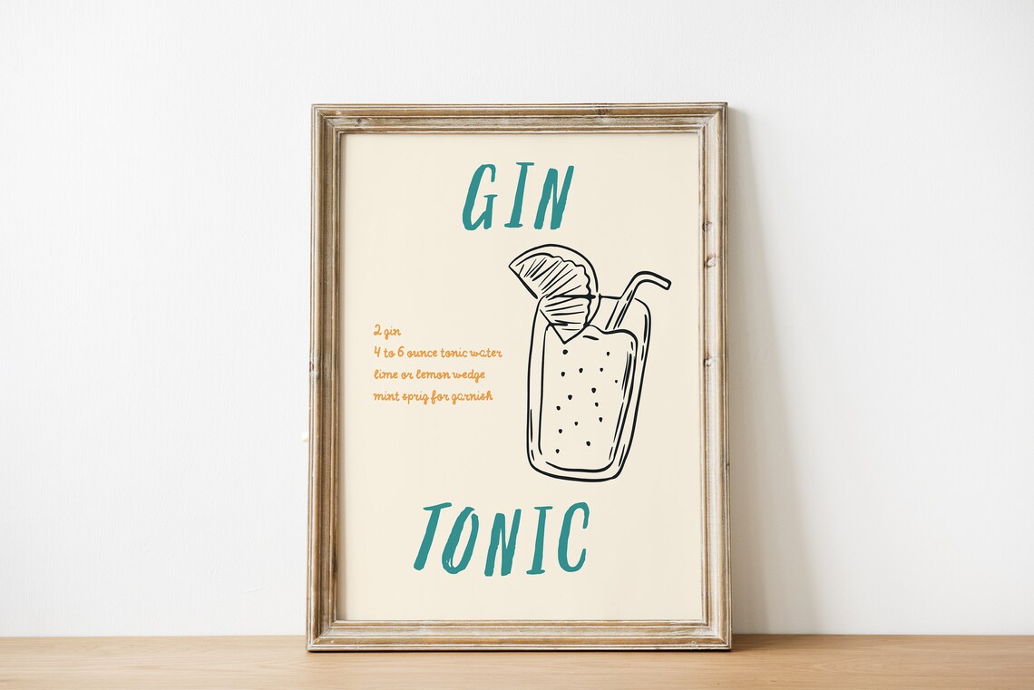 Gin Tonic Cocktail Recipe Glass Illustration Bar Cart Wall Print - Image 2