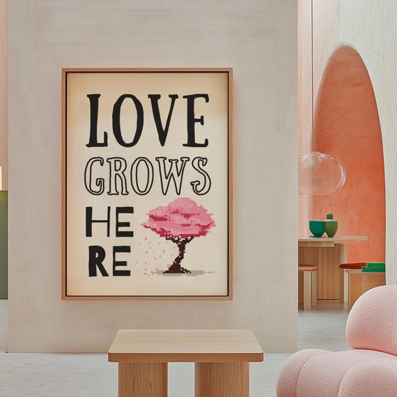 Love Grows Here Wall Art Pink Tree Quote Modern Minimalist For Nursery Bedroom Living Room Decor