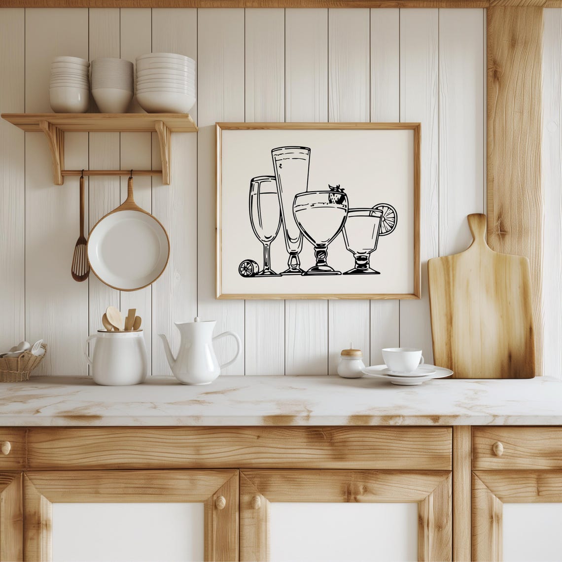 Cocktail Glasses Line Art Bar Cart Black White Kitchen Wall Poster - Image 2