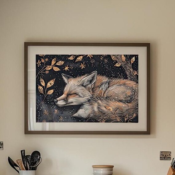 Cute Sleeping Fox Folk Art Print Nature Illustration Witchy Celestial Southwestern Cottagecore Dark Moody Colours Moonlit Adorable Fox Love