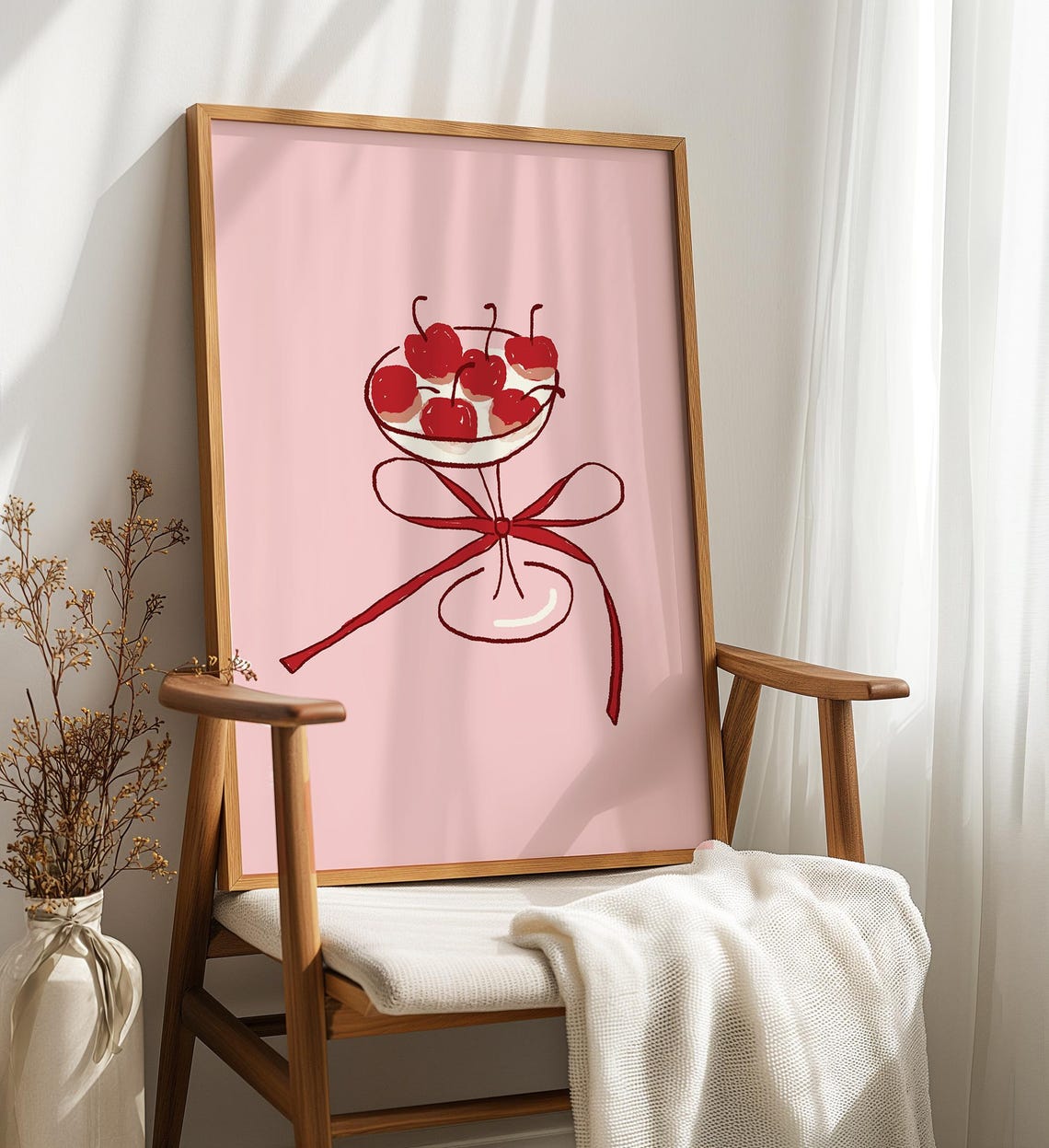 Cherry Cocktail Coupe With Red Bow Pink Bar Cart Trendy Wall Poster - Image 4