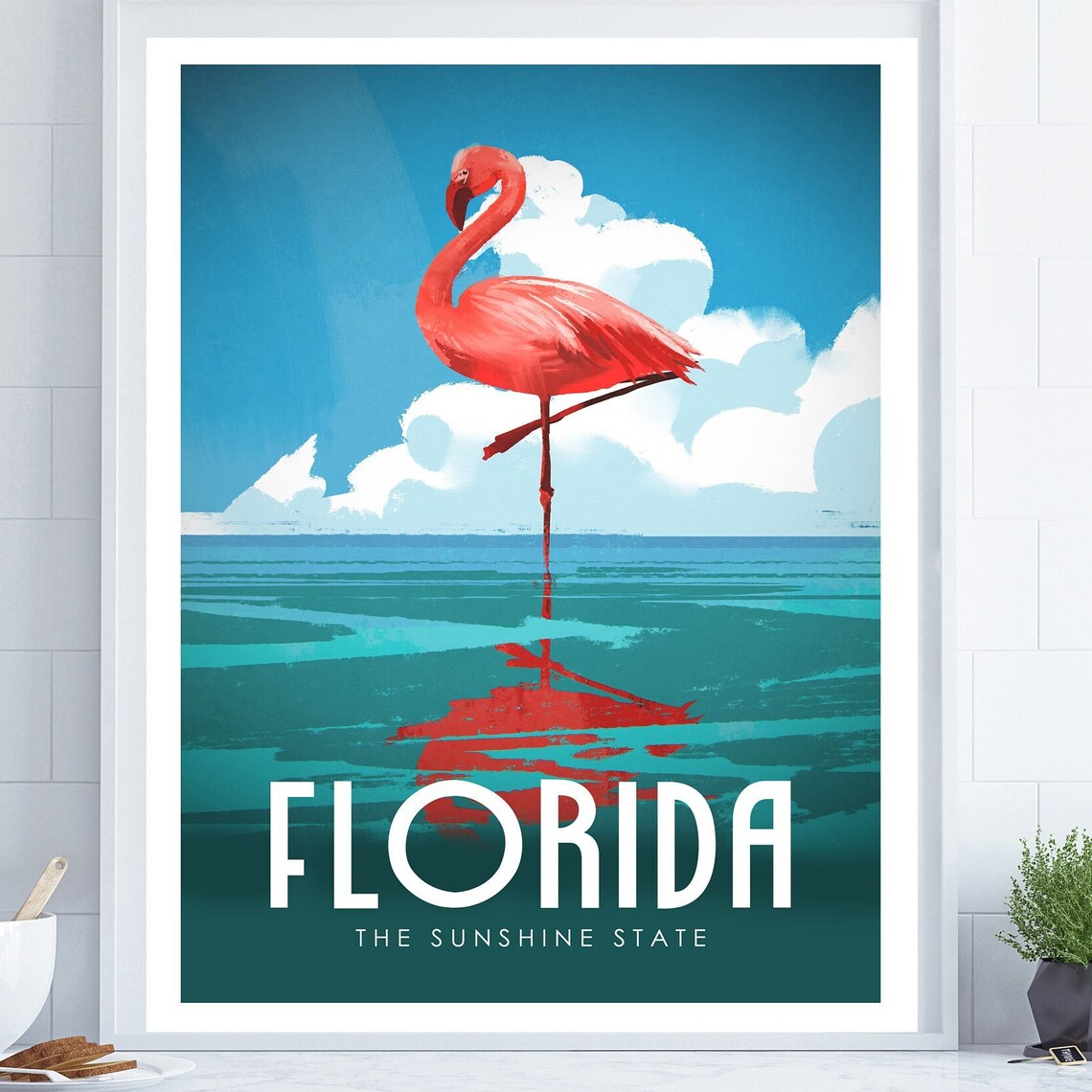 Florida Retro Travel Poster, Coastal Flamingo Art Print