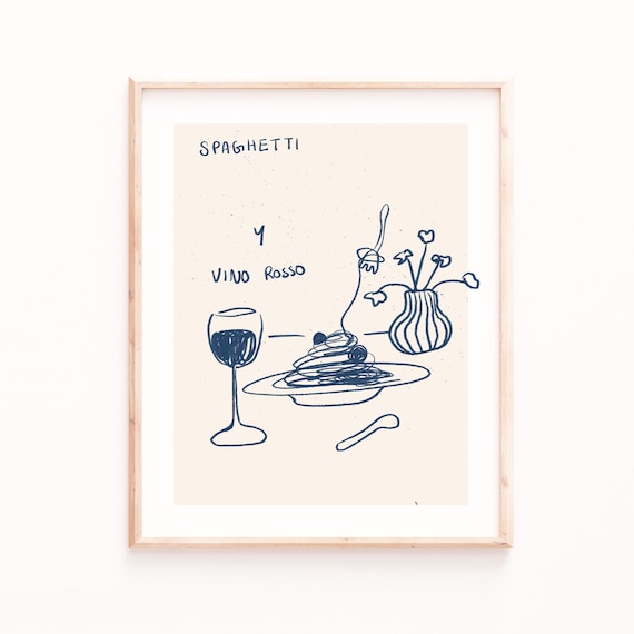 Pasta and Red Wine Line Painting Kitchen Art Print