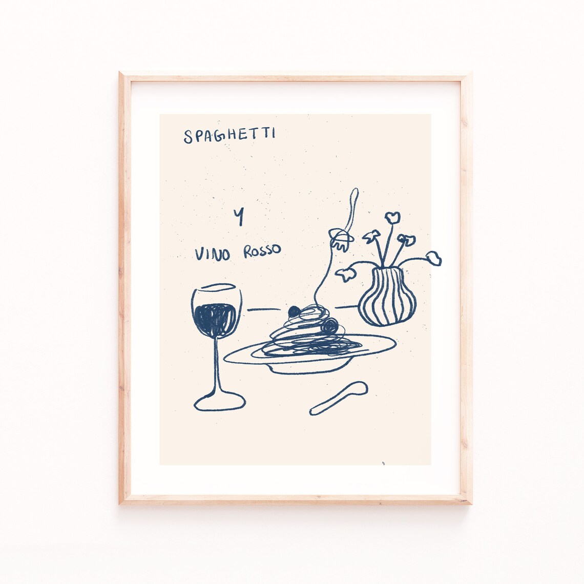 Pasta and Red Wine Line Painting Kitchen Art Print