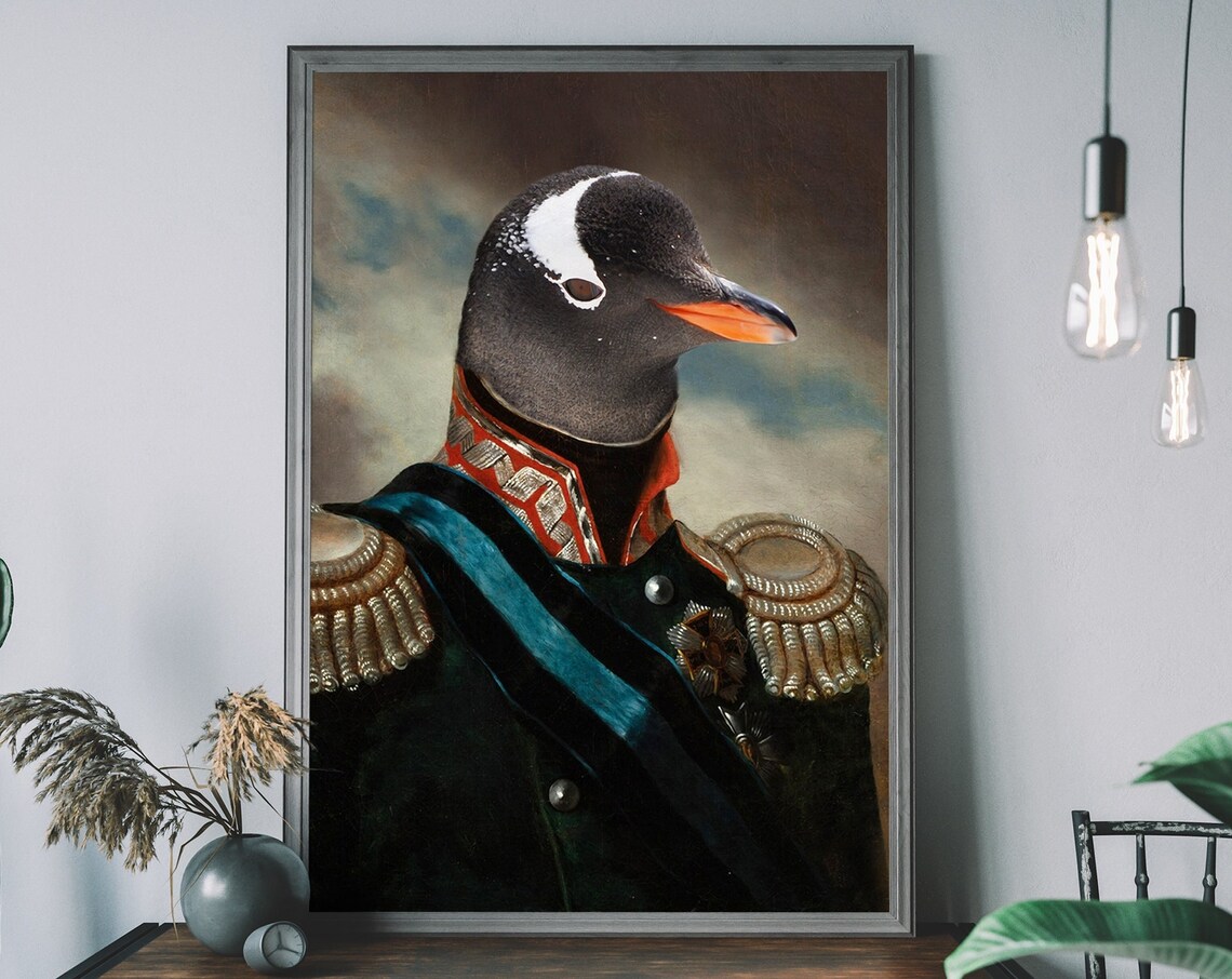 Renaissance Penguin Portrait Art Print, Altered Art
