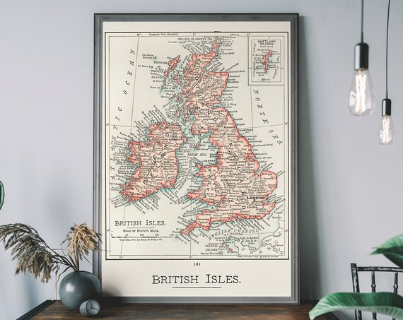 Vintage British Isles Map Print Historical Uk Art Antique Travel Poster Geography Wall Decor