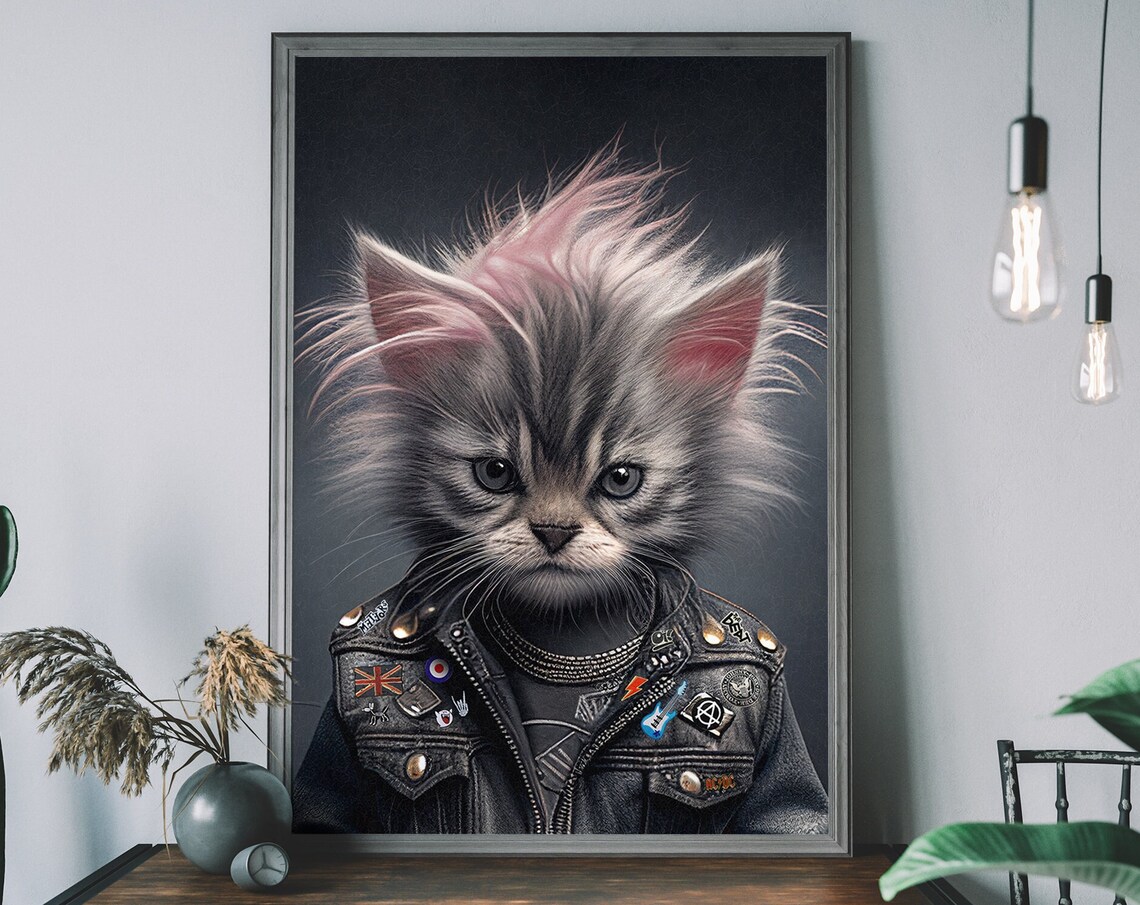 Punk Kitten in Leather Jacket Edgy Rock Star Cat Portrait Poster