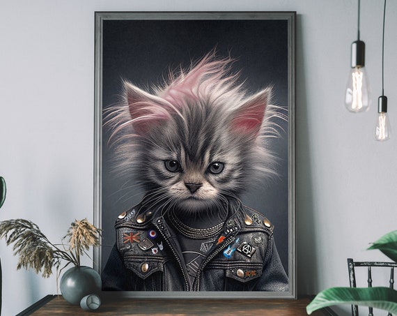 Kids Punk Kitten Portrait Print Cool Cat Nursery Art Altered Animal Human Body Funny Wall
