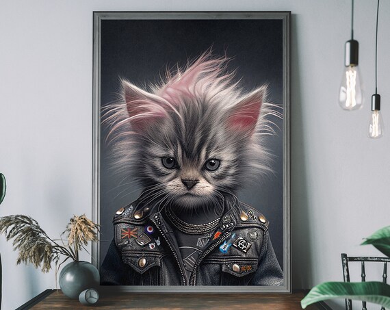 Punk Kitten in Leather Jacket Edgy Rock Star Cat Portrait Poster