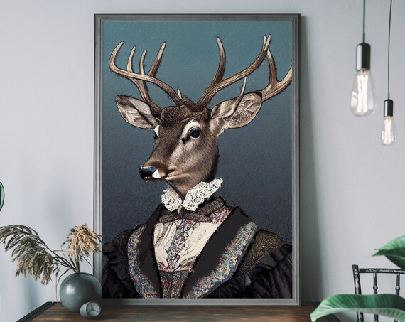 Deer in Victorian Dress Portrait Funny Animal Vintage Style Poster