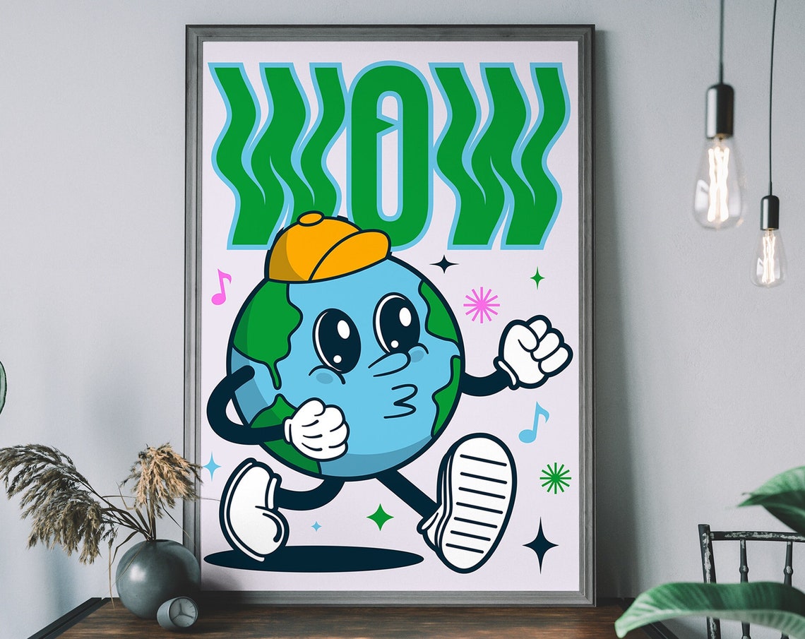 Wow Retro Earth Character Green Typography Fun Kids Room Art Poster