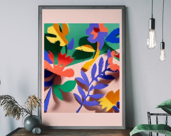 Matisse Style Paper Cutout Flowers Tropical Colorful Modern Art Print