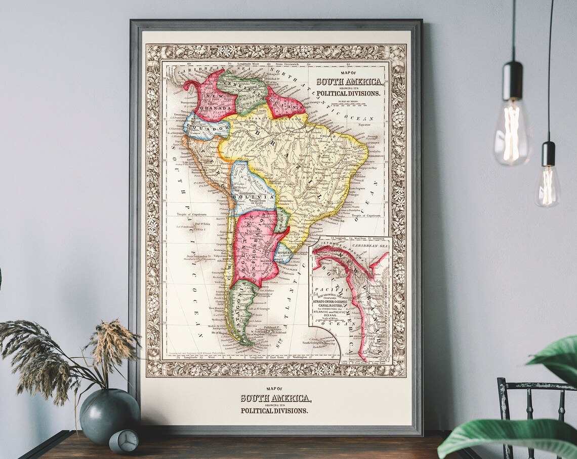 Vintage South America Map Antique Illustration Latin Art Print Travel Poster Rustic