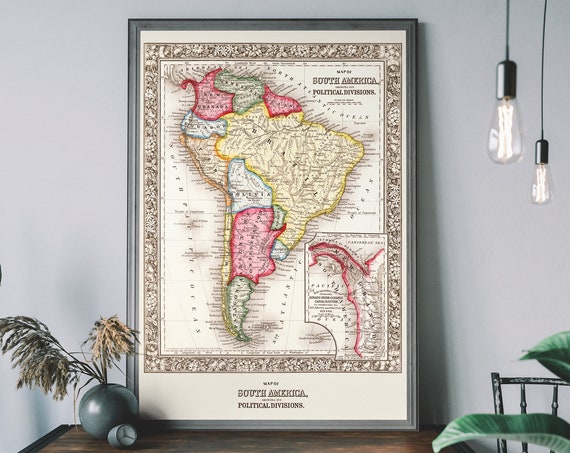 Vintage South America Map Antique Illustration Latin Art Print Travel Poster Rustic