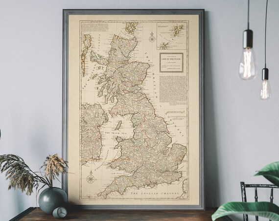 Vintage Great Britain Map Print, Historical UK Travel Poster