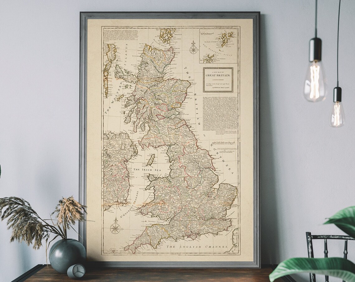 Vintage Great Britain Map Print, Historical UK Travel Poster