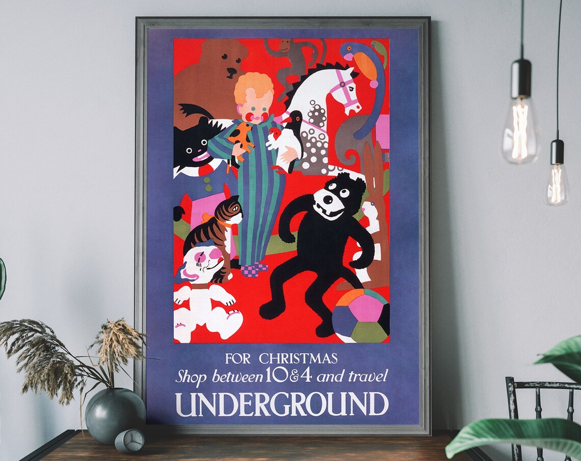 Vintage London Underground Christmas Toy Shop Retro Travel Poster