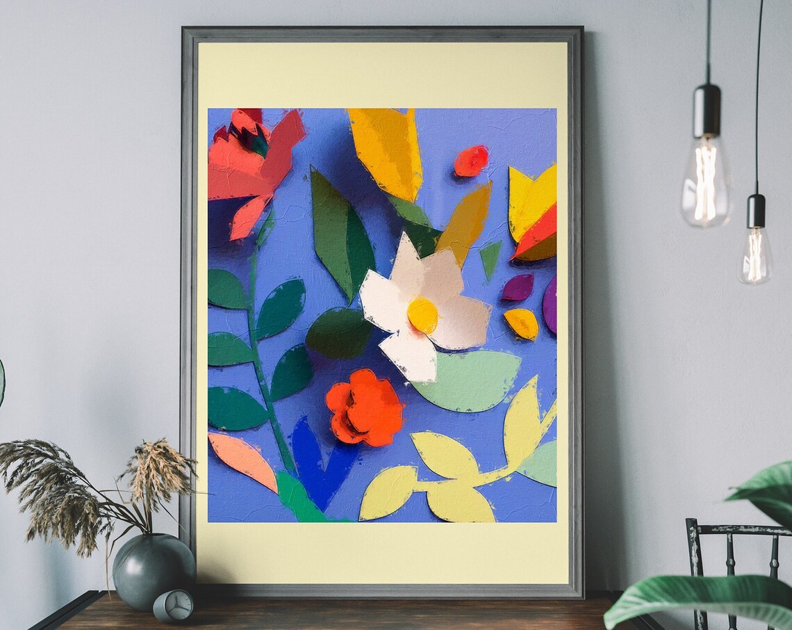 Bold Paper Cut Flowers Blue Background Modern Botanical Abstract Print