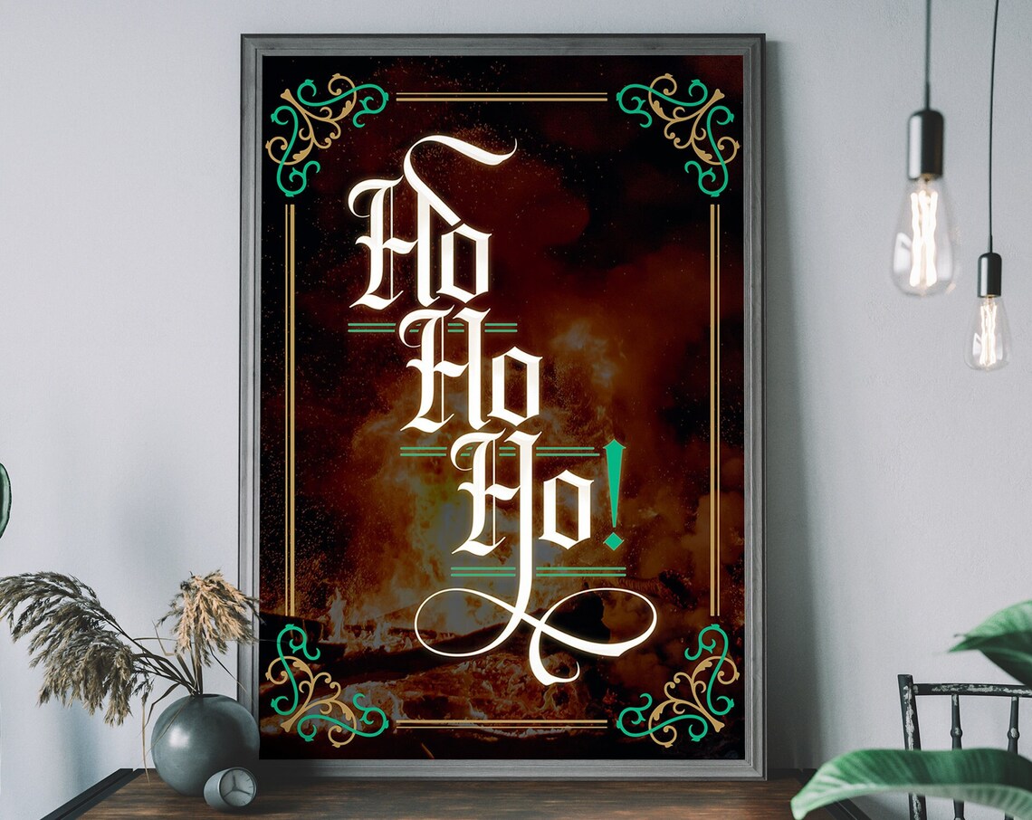 Ho Ho Ho Elegant Calligraphy Roaring Fireplace Christmas Poster