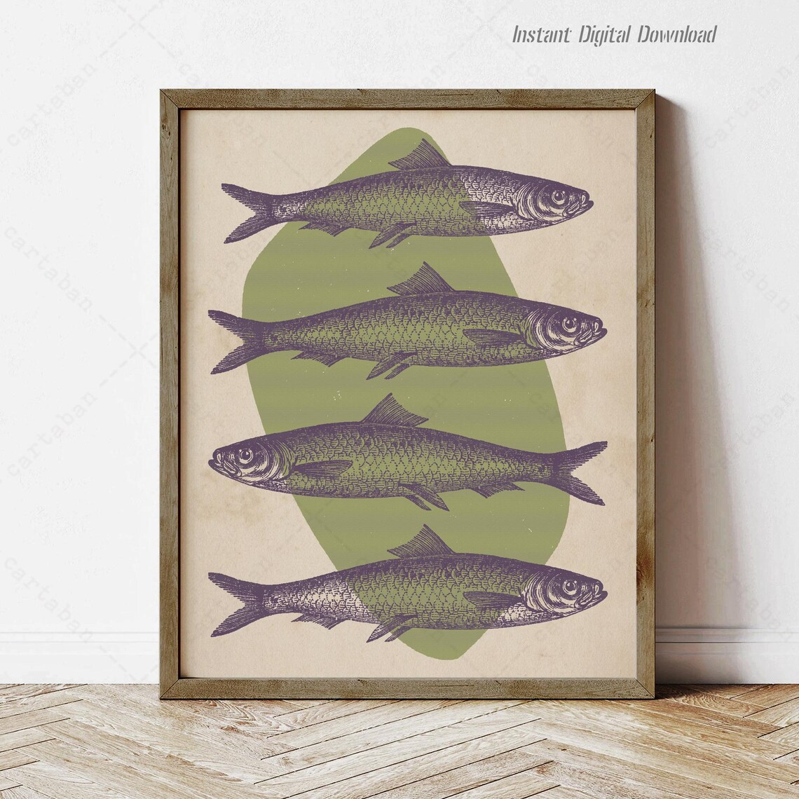 Vintage Herring Fish Illustration Retro Green Kitchen Wall Art Poster