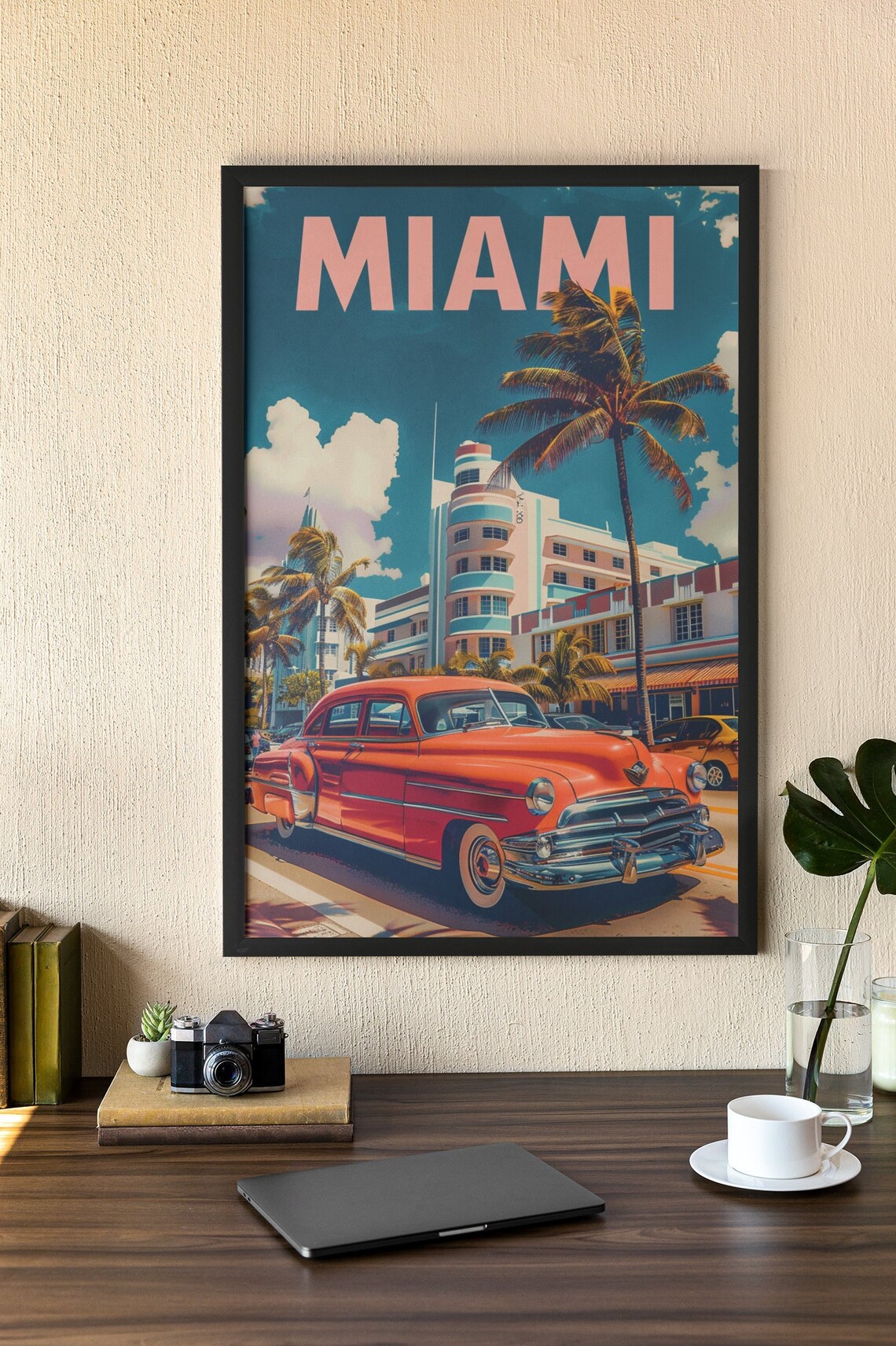 Miami Beach Art Deco Vintage Travel Poster, Palm Trees