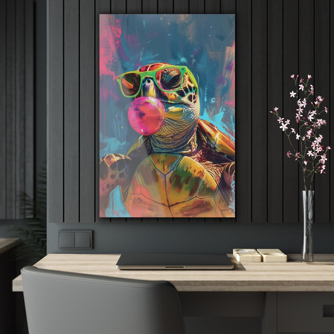 Sea Turtle With Green Sunglasses Blowing Bubble Gum Colorful Art Poster